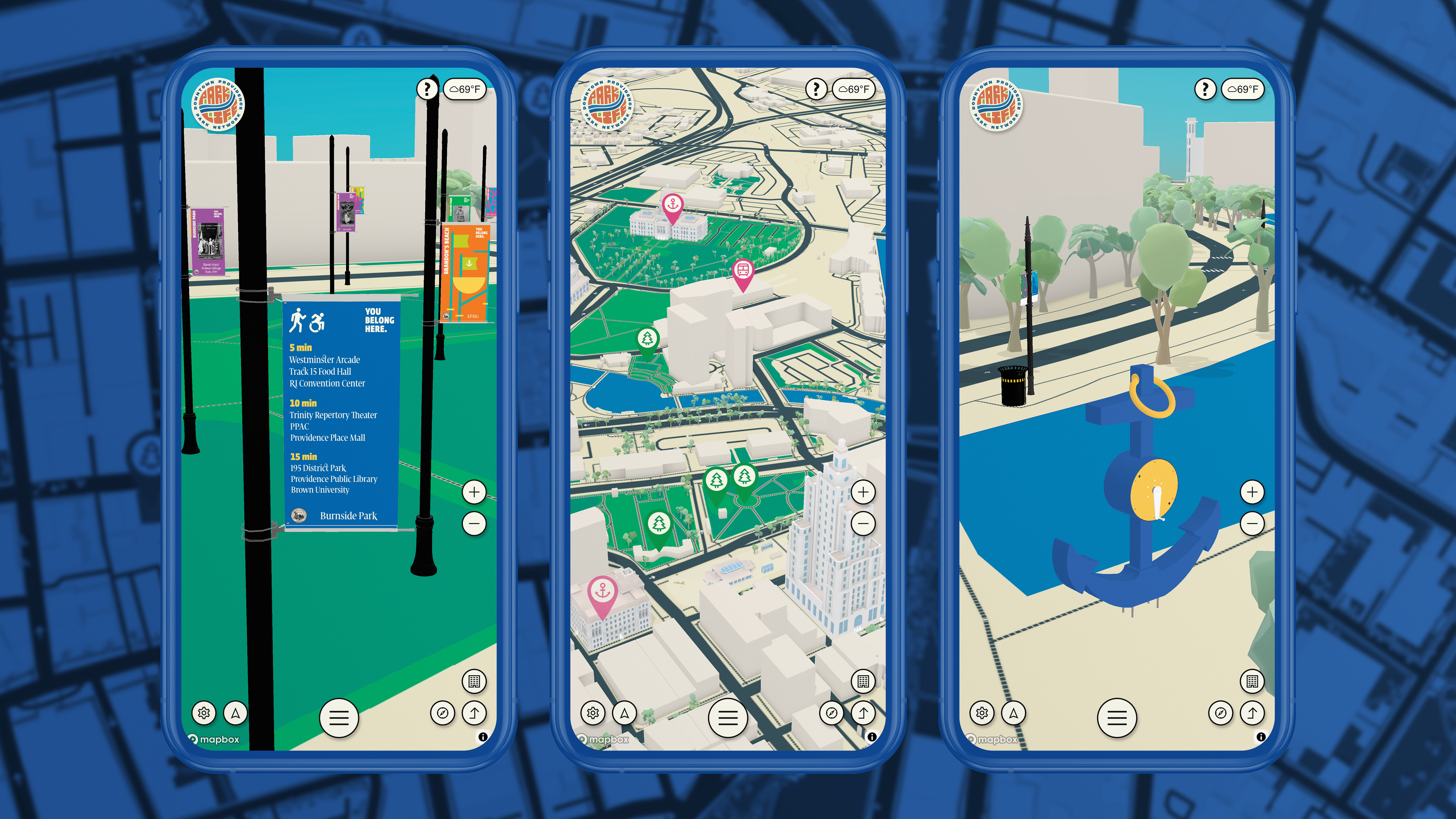 3D Providence Map for Downtown Providence Park Network displayed on three smartphone screens, showing detailed park routes and landmarks.